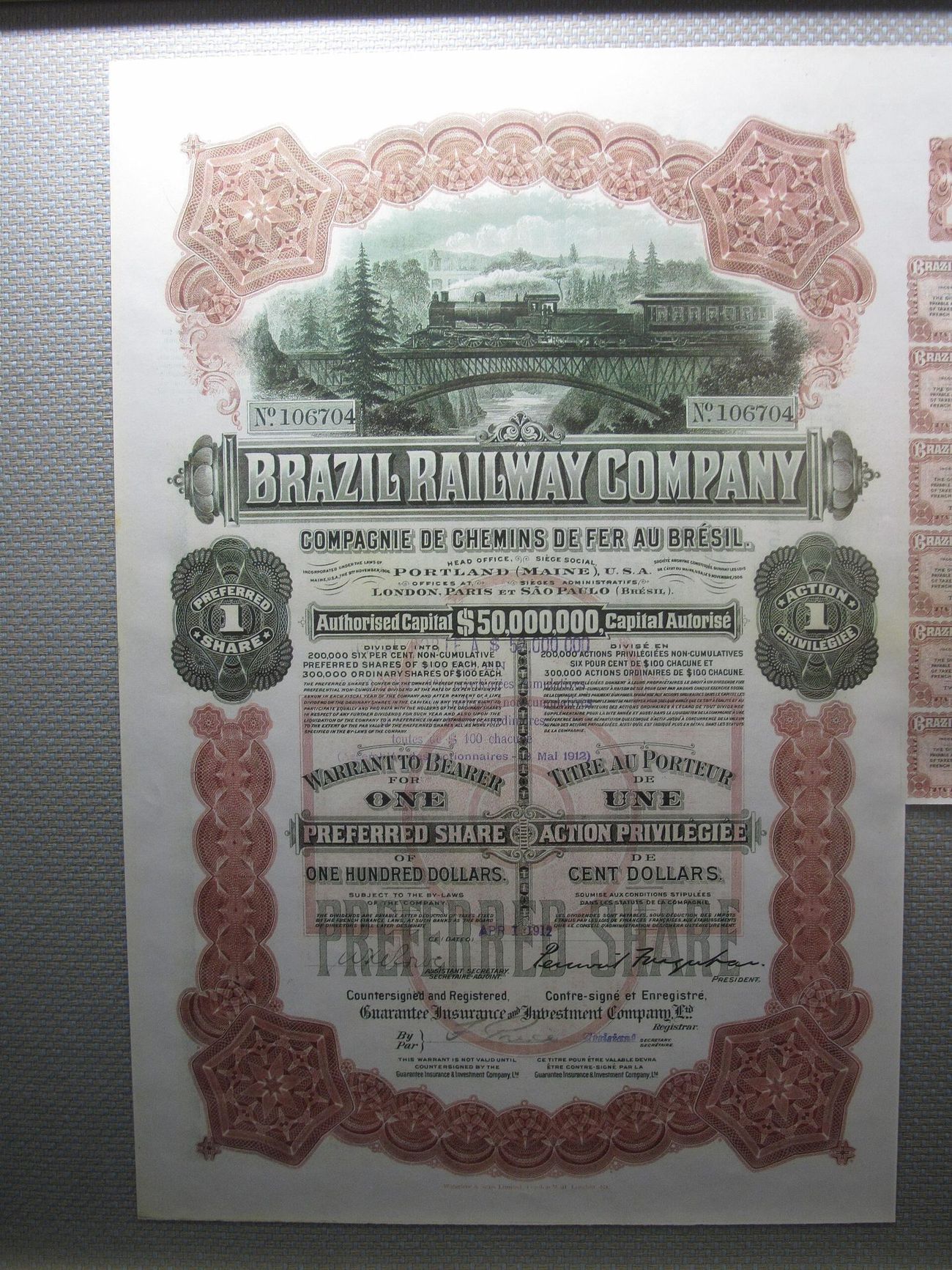 Brazil Railway Company, preferred share No. 106704, April 1912 — public domain
